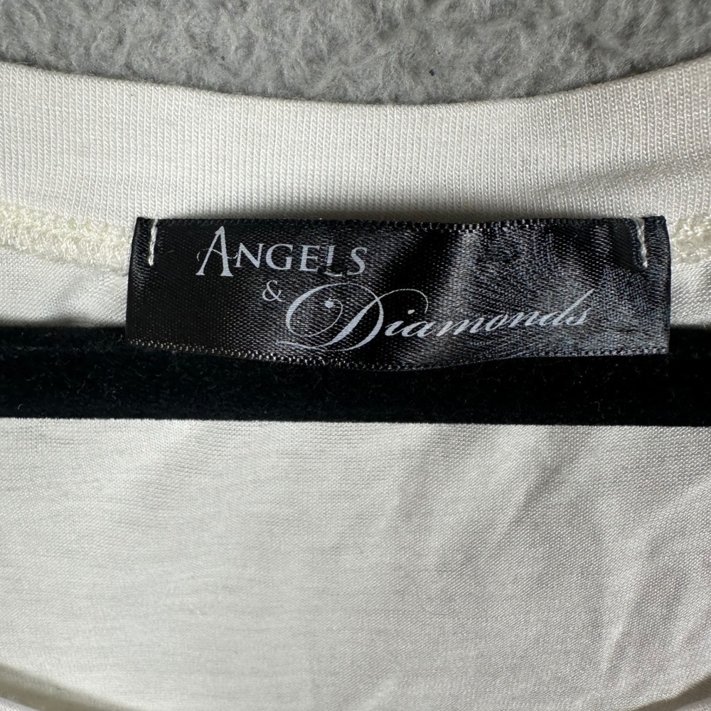 Y2K Angels & Diamonds Trust Top Sequin Lace Sleeve Rhinestone Cross Wings USA L - Picture 2 of 9